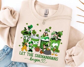Camiseta "Que empiecen las travesuras", camiseta de Disney Friends para el Día de San Patricio, camiseta irlandesa con trébol y top gráfico verde de la suerte