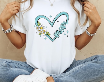 Camiseta de mamá con corazón y margaritas, sudadera con capucha floral para el Día de la Madre, camiseta con gráfico de contorno azul, regalo para mamá