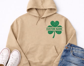 Camiseta personalizada del Día de San Patricio, sudadera con capucha de trébol personalizada, sudadera con trébol irlandés, regalo de San Patricio verde y dorado con nombre personalizado