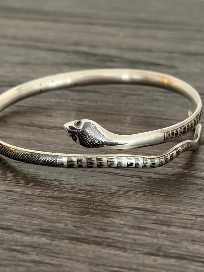Niello Snake Bracelet – Antique Hallmarked Silver Serpent Bangle (1920s) 2.5in (6.4cm) image 2