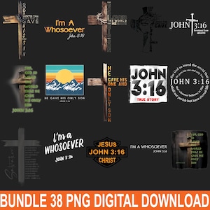 Puede incluir: Un conjunto de 38 descargas digitales PNG con temas religiosos. Los diseños incluyen cruces, textos de Juan 3:16 y frases inspiradoras. La paleta de colores incluye negro, blanco y tonos tierra.