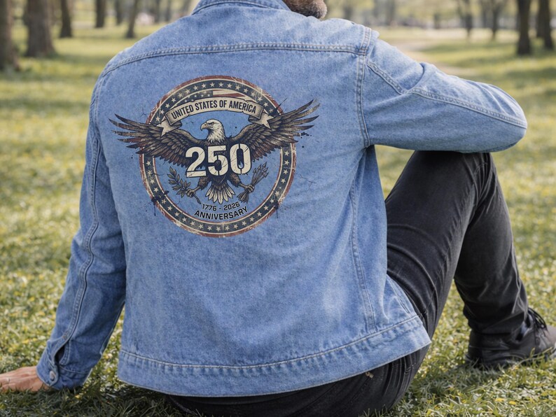 Usa Denim Jacket Men and Women Unisex Fit Jean Outerwear Back Print Eagle Design Bald Bird American Apparel Anniversary 250th Birthday image 13