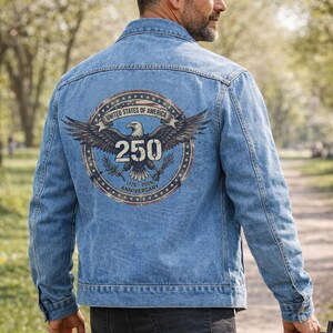 Usa Denim Jacket Men and Women Unisex Fit Jean Outerwear Back Print Eagle Design Bald Bird American Apparel Anniversary 250th Birthday image 10