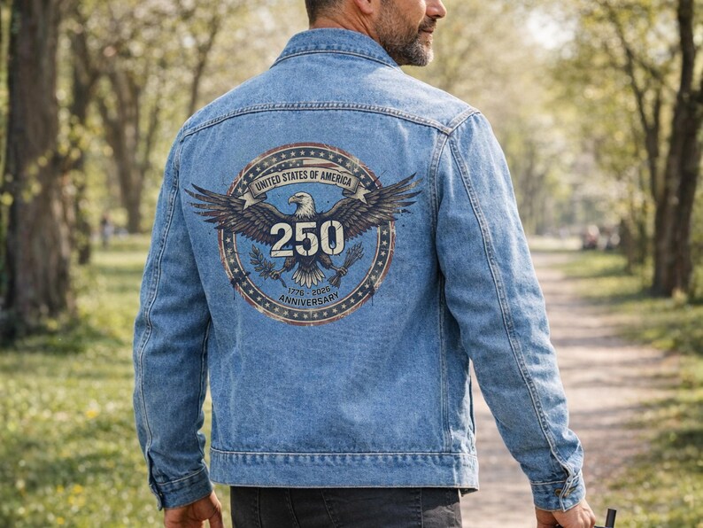 Usa Denim Jacket Men and Women Unisex Fit Jean Outerwear Back Print Eagle Design Bald Bird American Apparel Anniversary 250th Birthday image 10