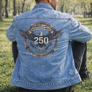 Usa Denim Jacket Men and Women Unisex Fit Jean Outerwear Back Print Eagle Design Bald Bird American Apparel Anniversary 250th Birthday image 14
