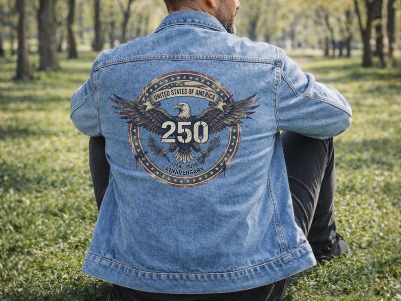 Usa Denim Jacket Men and Women Unisex Fit Jean Outerwear Back Print Eagle Design Bald Bird American Apparel Anniversary 250th Birthday image 14