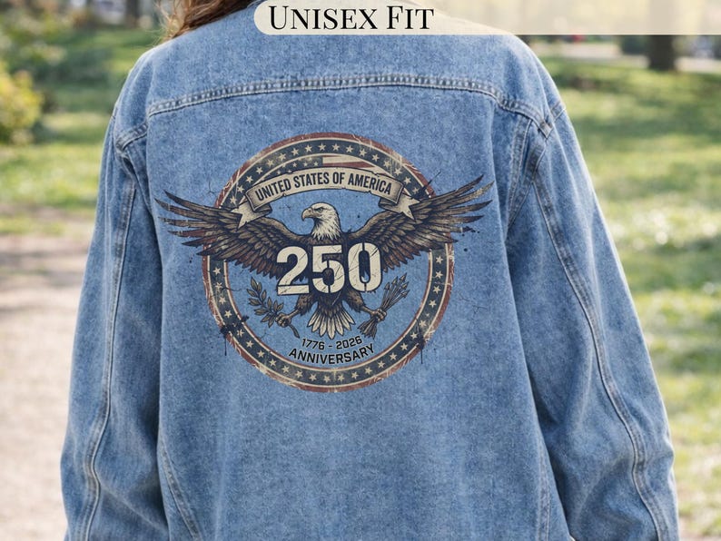 Patriotic Denim Jacket Men Women Unisex Fit 250th Anniversary USA Birthday Celebration Apparel Bald Eagle Back Print Design Medium Wash Jean Jacket Button Front Casual Outerwear Historic Milestone Commemorative Fashion American Style
