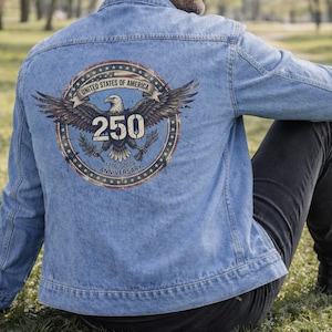 Patriotic 250 Anniversary USA Denim Jacket For Men and Women Unisex Fit Back Print USA Bald Eagle Distressed Grunge Style USA 250th Birthday