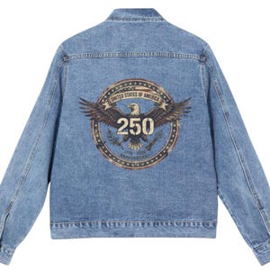 Usa Denim Jacket Men and Women Unisex Fit Jean Outerwear Back Print Eagle Design Bald Bird American Apparel Anniversary 250th Birthday image 17