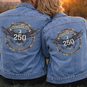 Patriotic 250 Anniversary USA Denim Jacket For Men and Women Unisex Fit Back Print USA Bald Eagle Distressed Grunge Style USA 250th Birthday