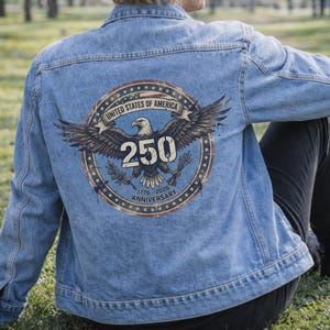 Usa Denim Jacket Men and Women Unisex Fit Jean Outerwear Back Print Eagle Design Bald Bird American Apparel Anniversary 250th Birthday image 8