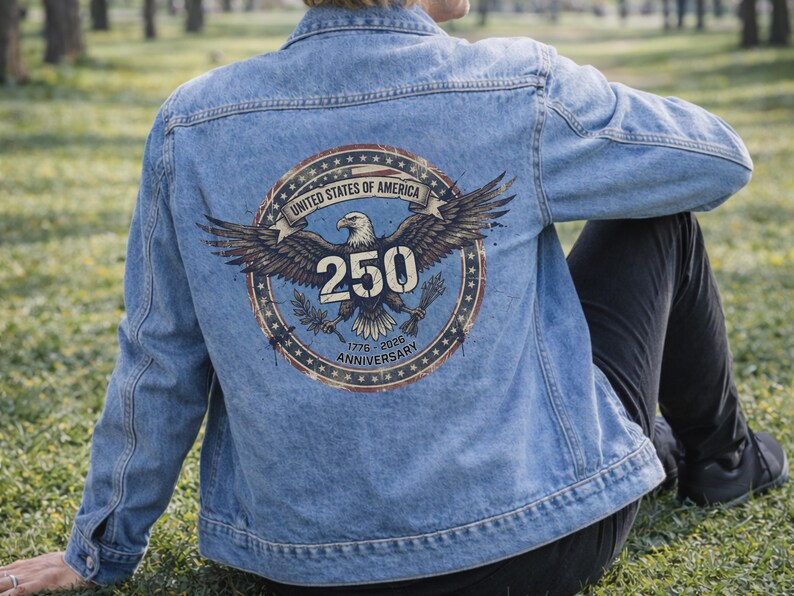 Usa Denim Jacket Men and Women Unisex Fit Jean Outerwear Back Print Eagle Design Bald Bird American Apparel Anniversary 250th Birthday image 8
