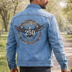 Patriotic 250 Anniversary USA Denim Jacket For Men and Women Unisex Fit Back Print USA Bald Eagle Distressed Grunge Style USA 250th Birthday