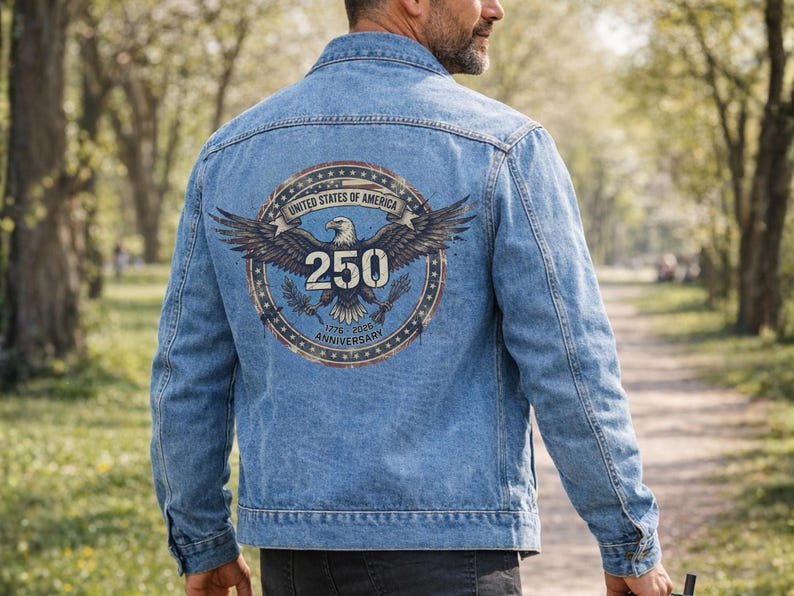 Patriotic 250 Anniversary USA Denim Jacket For Men and Women Unisex Fit Back Print USA Bald Eagle Distressed Grunge Style USA 250th Birthday