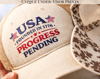 Women Baseball Cap Usa Founded 1776 Progress Pending Hat Cotton Pigment Twill Breathable Mesh Back Patriotic Embroidered Trucker Adjustable