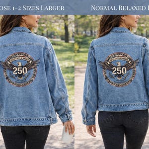 USA 250th Birthday Anniversary Denim Jacket Patriotic Commemorative Apparel Men Women Unisex Fit Bald Eagle Back Print Design Medium Wash Jean Jacket Button Front Casual Outerwear American Heritage Fashion Vintage Distressed Style Historic