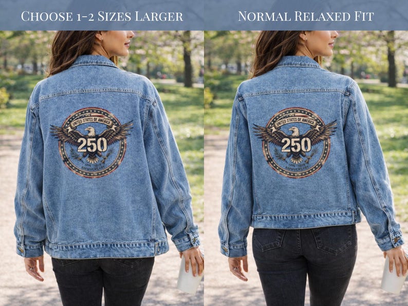 USA 250th Birthday Anniversary Denim Jacket Patriotic Commemorative Apparel Men Women Unisex Fit Bald Eagle Back Print Design Medium Wash Jean Jacket Button Front Casual Outerwear American Heritage Fashion Vintage Distressed Style Historic