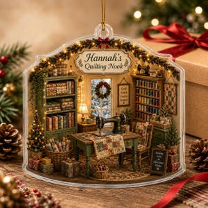 May include: A clear, bell-shaped ornament featuring a miniature quilting room scene. The interior includes a sewing machine, shelves of fabric, a chair, and a sign reading Hannah's Quilting Nook. A garland with lights hangs above the scene.