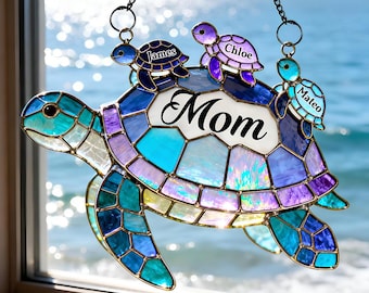 Personalized Grandma Turtle Suncatcher, Custom Family Window Decor, Sea Turtle Gift