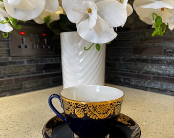 Vintage Lomonosov LFZ cobalt blue and gold teacup and saucer USSR Russian porcelain