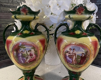 Vintage Floral Ceramic Vases – Blue, Gold, Ornate Scroll Handles