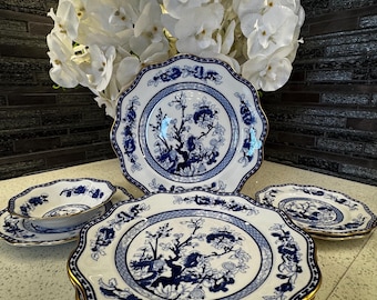 Coalport Indian Tree Blue China Set, England Bone China, 8 Piece