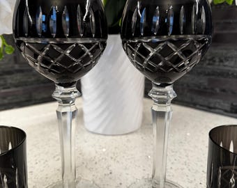 Black Cut Crystal Wine Glass & Tumbler Set | Vintage-Style Stemware | Etched Glass Barware | Elegant Home Bar Decor