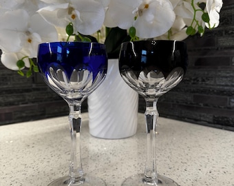Vintage Cut Crystal Wine Glasses – Blue & Black Pair | Elegant Stemware | Collectible Glassware | Home Bar Decor