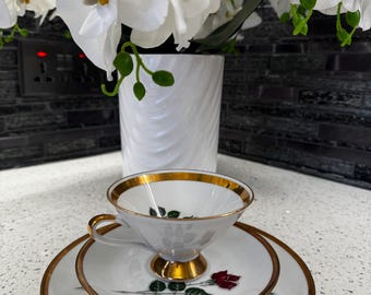 Vintage Winterling Bavaria Porcelain Tea Trio – Footed Teacup – Gold Floral – German Mid-Century