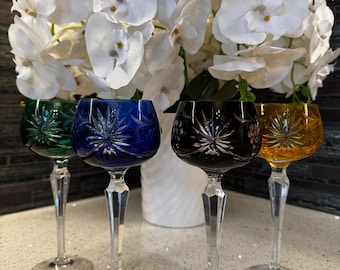 Vintage Bohemian Cut Crystal Wine Glasses – Jewel Tone Set of 4