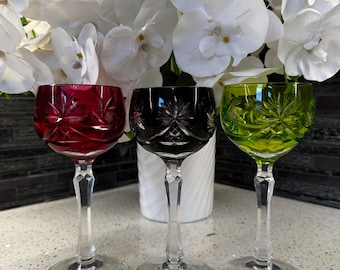 Vintage Cut Crystal Wine Glasses – Set of 3 – Red, Dark Purple & Green