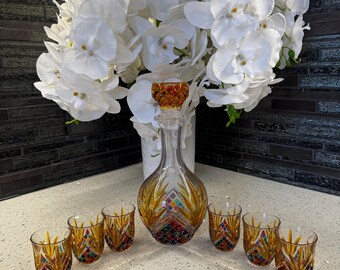 Vintage coloured glass decanter set with 6 matching shot glasses