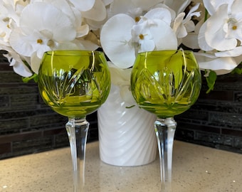 Vintage Green Cut Crystal Wine Glasses Pair – Bohemian Czech Style Hock Glasses