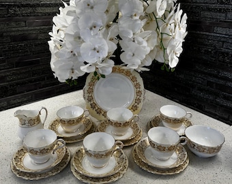 Vintage Melba Bone China Tea Set – Gold Grapevine, 21-Piece England