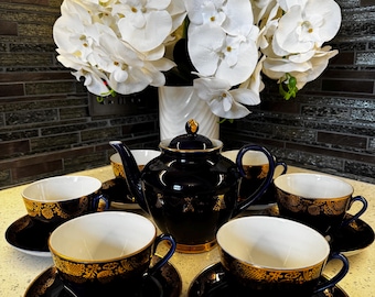 Vintage Lomonosov Cobalt Blue Tea Set – USSR Porcelain, Gold Accent