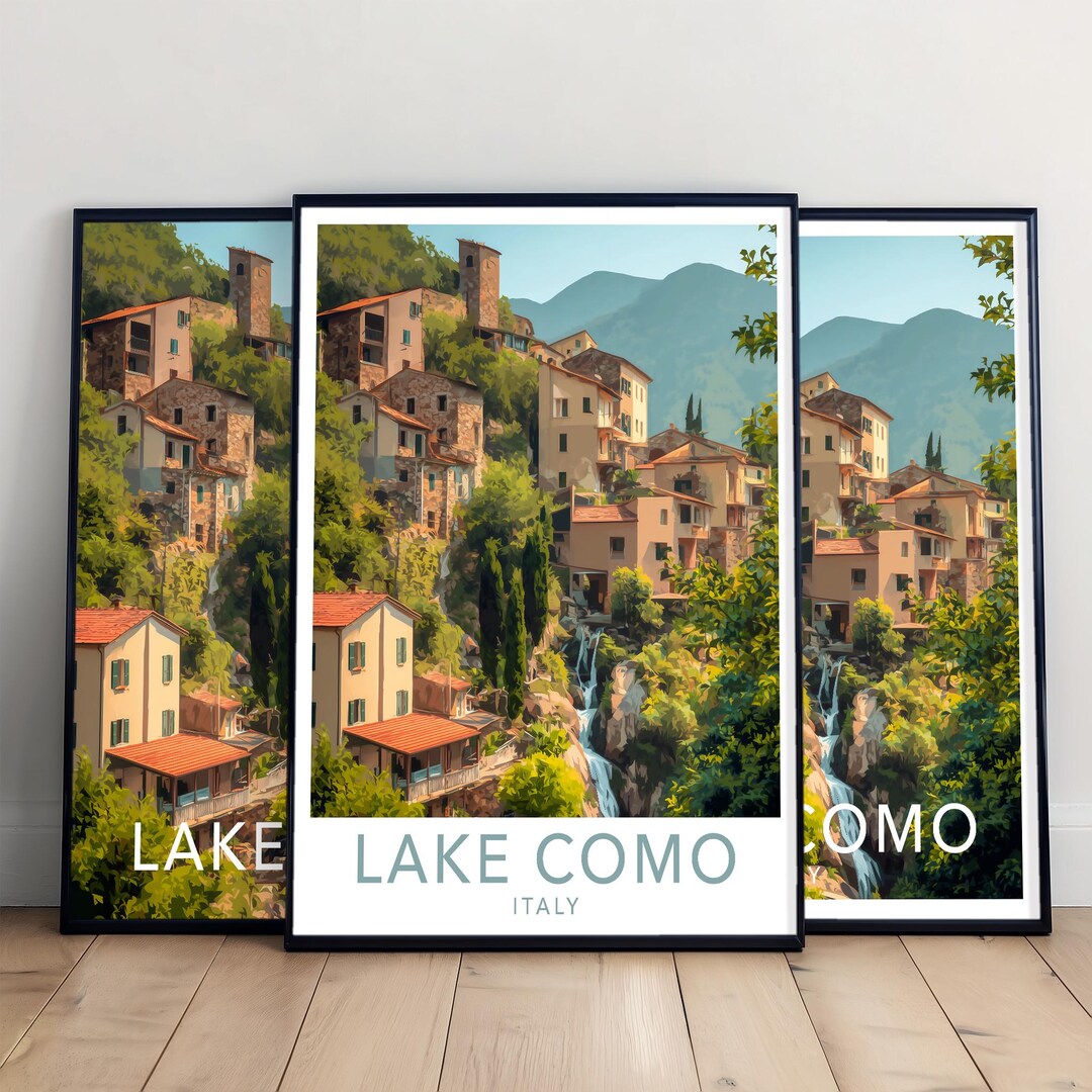 lake como italy travel poster art print (digital... Lake Como Waterfall Travel Poster | Wall Art Italy Europe - Etsy