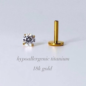 18K Gold CZ Diamond Flat Back Earring | Titanium Push Pin Stud