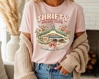 Thrifty Social Club Shirt, Vintage Camper Skull Tee, Retro Camping Sweatshirt, Floral Graphic, Thrift Lover Gift, Outdoorsy Trendy T-shirt