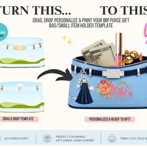 May include: A light blue purse template with the text "TURN THIS... TO THIS!". The purse design includes a floral "Happy Mother's Day" graphic, and the word "NANA". The template is for DIY paper craft.
