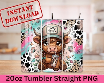 Salty Heifer Highland Cow Tumbler Wrap, 20oz Skinny Tumbler Sublimation Design (PNG Digital Download)