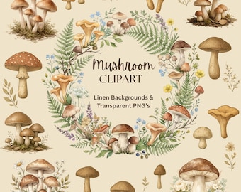 Mushroom Clipart Bundle PNG | Cottagecore Mushroom Illustrations | Botanical Forest Clipart | Vintage Mushroom PNG | Printable Design Set