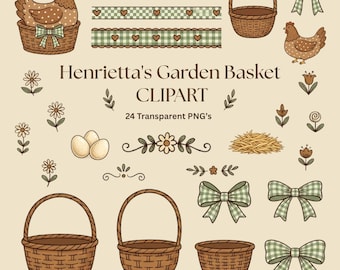 Cottage Core Clipart | Vintage Garden Baskets, Hens & Bows (PNG Files)