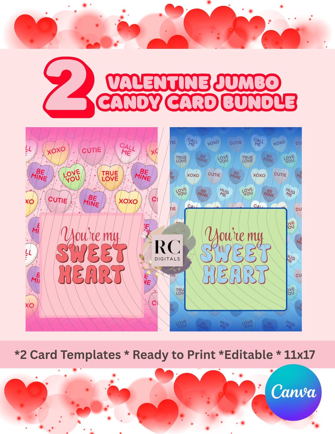 Valentine Sweetheart Candy Card Templates | 11x17 Printable - Etsy