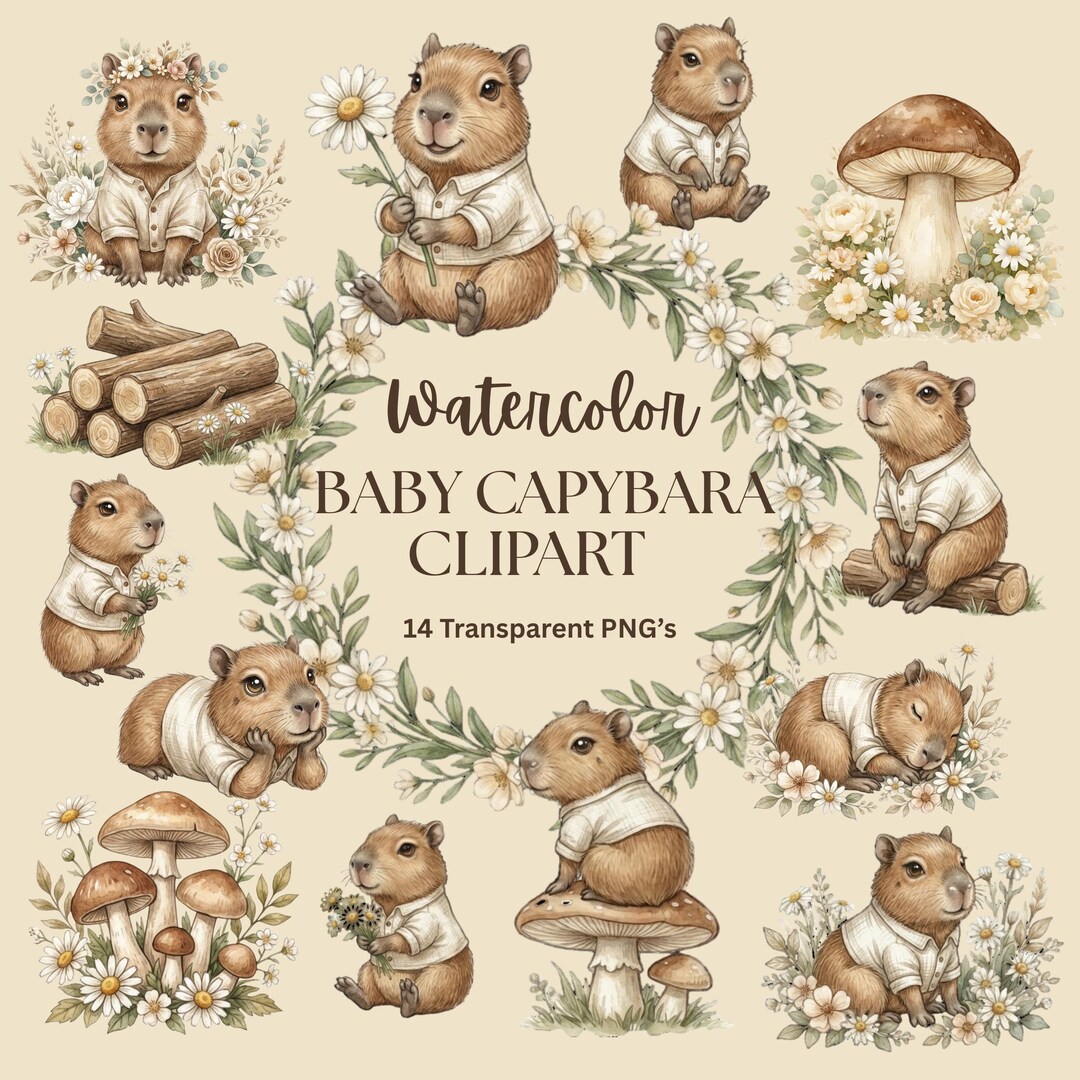 Watercolor Capybara Clipart, Floral Nursery Art (digital Download, 14 ...