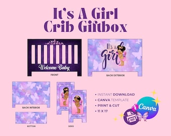 Butterfly Crib Giftbox 11x17 | It’s a Girl Baby Shower Box PNG | Purple Butterfly Theme