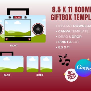 Op de afbeelding: Een digitale sjabloon voor een 21,6 x 27,9 cm boombox cadeauverpakking. Het ontwerp toont een voor-, achter- en zijaanzicht van de boombox met een landschap. Bevat de tekst "ON AIR" en het Canva-logo.