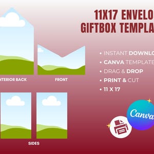 May include: A digital template for an 11x17 inch envelope giftbox. The design includes illustrations of the interior back, front, and sides, with a sky and landscape scene. The Canva logo is also present.