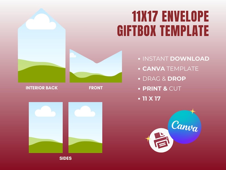May include: A digital template for an 11x17 inch envelope giftbox. The design includes illustrations of the interior back, front, and sides, with a sky and landscape scene. The Canva logo is also present.