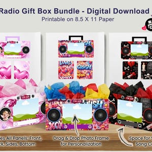 Könnte beinhalten: Digitaler Download Radio-Geschenkbox-Bundle mit anpassbaren Panels. Die Boxen haben ein Radio-Design mit Platz für Fotos und Spotify-Songcodes. Enthält Front-, Rück-, Seiten- und Bodenplatten. Die Boxen sind mit farbigem Seidenpapier gefüllt.