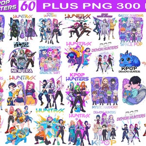 Peut inclure: Une collection de plus de 60 images PNG avec des illustrations sur le thème de la K-Pop. Les images présentent divers personnages et groupes aux couleurs vives et aux poses dynamiques. Le texte comprend "KPOP HUNTERS" et d'autres titres.